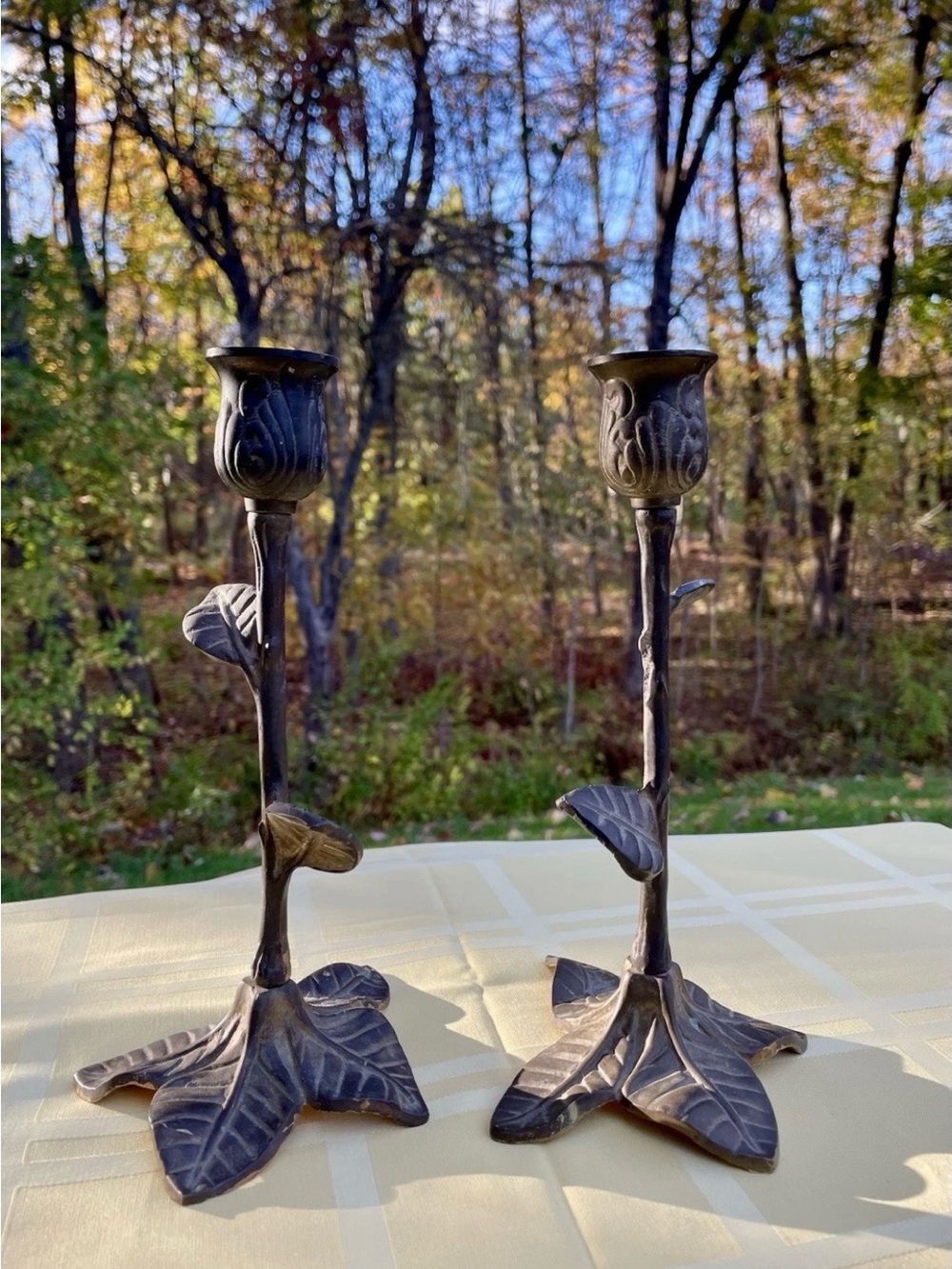 Bronze Leaf Design Metal Candlestick Pair - Decorative Home Accents